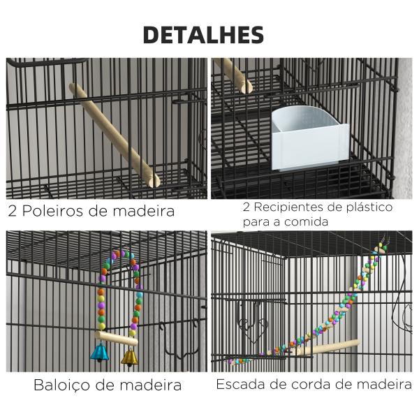 Gaiola Dupla e Empilhável para Pássaros 77x46x164 cm com Rodas Poleiros Bandeja Amovível Comedouros Baloiço e Escada Preto