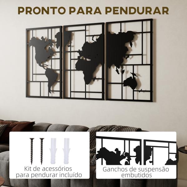 Decoração de Parede em Metal com Mapa Múndi Conjunto de 3 Peças Quadros de Parede Metálicos Preto