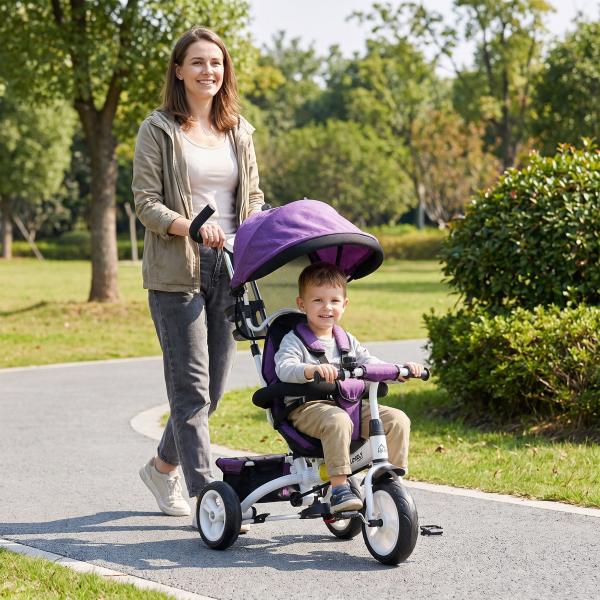 Triciclo Evolutivo para Bebés de +12 Meses 2 em 1 com Toldo Dobrável Guiador Cinto de Segurança e Cesto 95x50x106 cm Roxo