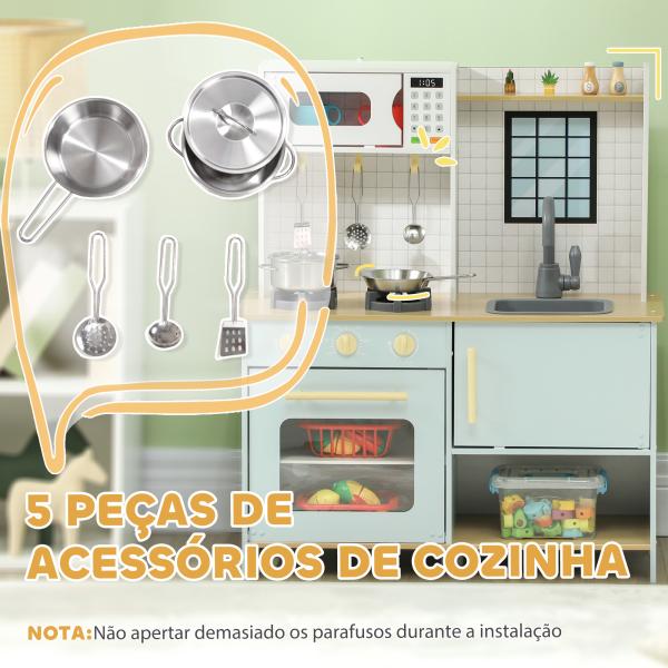 Cozinha de Madeira para Crianças acima de 3 Anos Cozinha de Brincar Infantil com Som Fogão Lavatório Micro - Ondas e Acessórios Azul