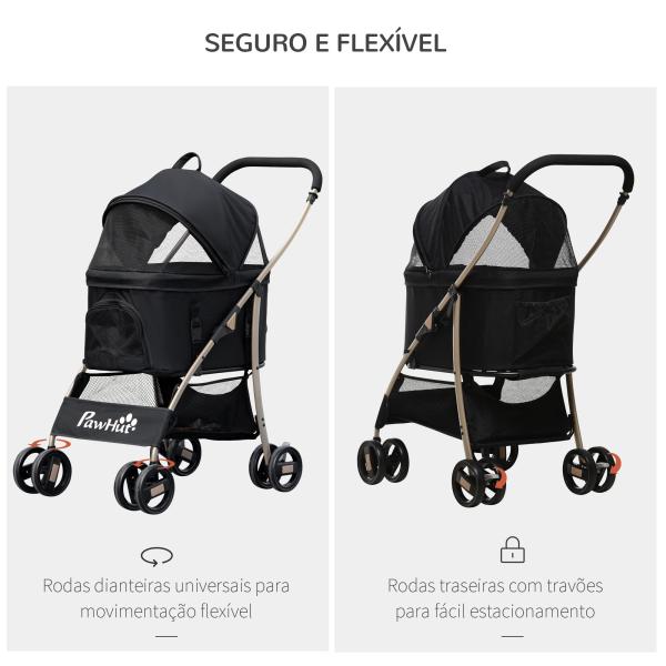 Carrinho para Animais de Estimação 3 em 1 Dobrável com Bolsa de Transporte Cesta de Armazenamento e Travão 82x49,5x98cm Preto