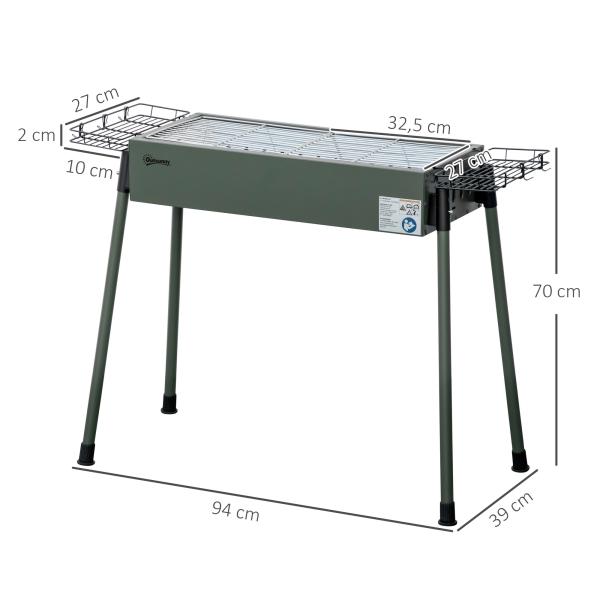 Barbecue a Carvão com 2 Grelhas de Aço Inoxidável Portátil com 2 Prateleiras para Temperos com Ganchos 77x30x70 cm Verde