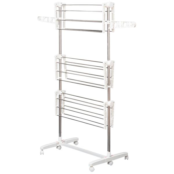Estendal para Roupa Dobrável 80x55x152cm com 6 Rodas e 3 Prateleiras com Altura Ajustável de Aço Inoxidável Prateado