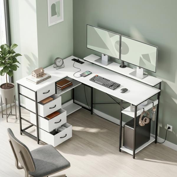 Mesa de Canto para Computador Amplo Espaço de Arrumação com 4 Gavetas 155x112x91,5 cm Branco
