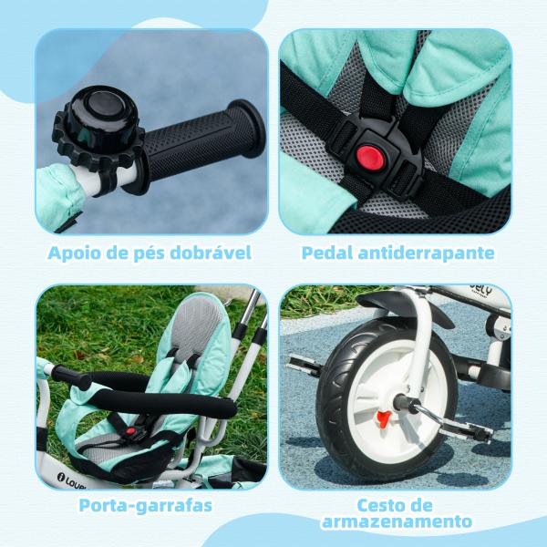 Triciclo Evolutivo para Bebés de +12 Meses 2 em 1 com Toldo Dobrável Guiador Cinto de Segurança e Cesto 95x50x106 cm Verde Mint