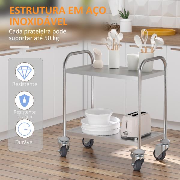 Carrinho Auxiliar com Rodas de Aço Inoxidável Carrinho de Cozinha com 2 Prateleiras e 2 Pegas 70,5x40,5x81 cm Prata