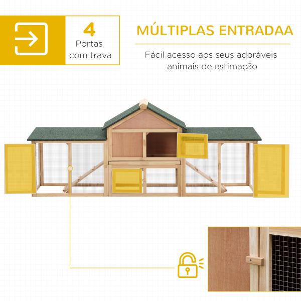 Coelheira de Exterior Grande Gaiola de Madeira para 2 - 4 Coelhos com Teto Asfáltico Recinto de Arame Bandeja Removível e Rampas 210x45,5x84,5 cm Natural