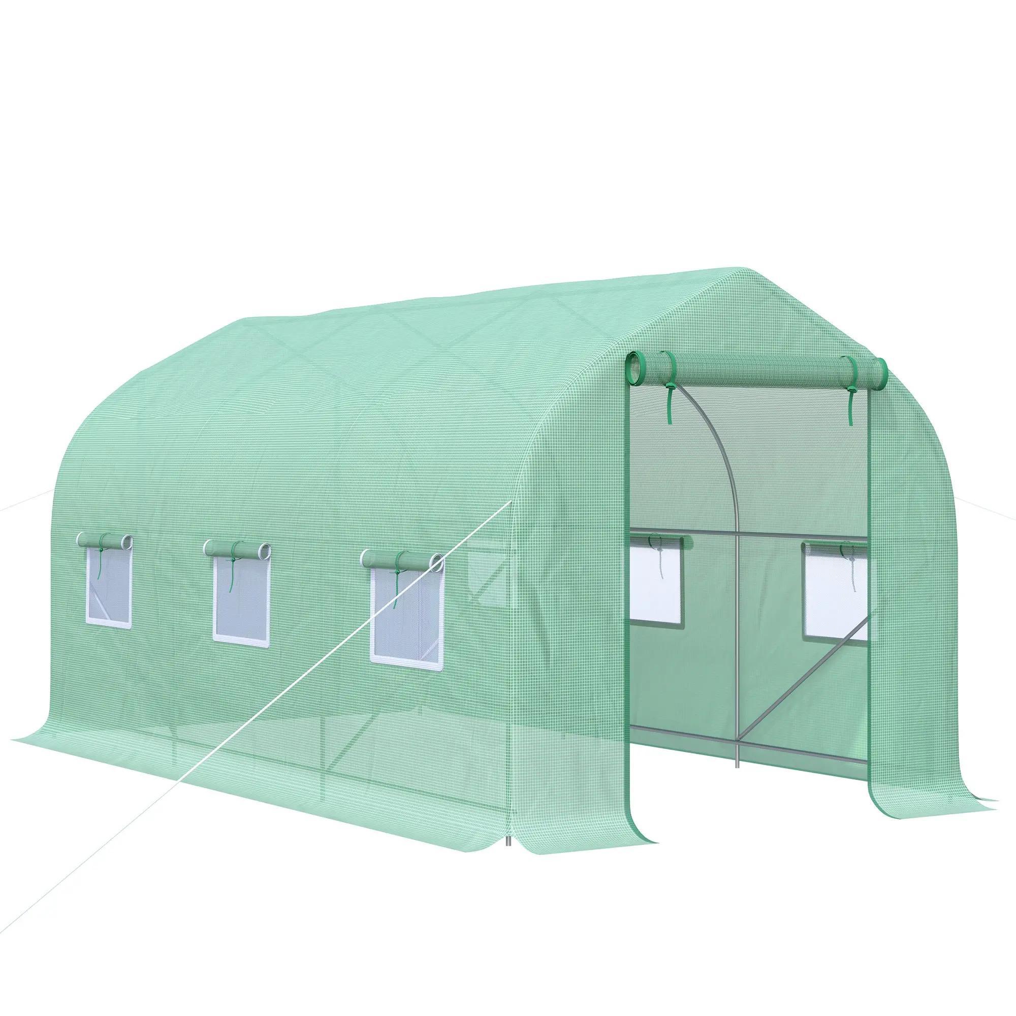 Estufa Tipo Túnel 400x200x200cm Estufa de Jardim com 6 Janelas Transpiráveis e Portas Enrolável com Zíper para Cultivo de Plantas e Verduras Verde