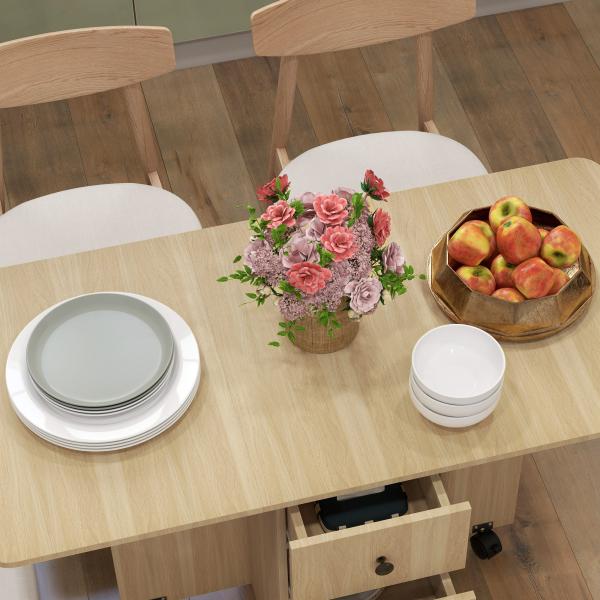 Mesa de Jantar Dobrável com Rodas Mesa Abatível com 2 Gavetas e Armário Mesa Auxiliar Multifuncional 120x60x76,5 cm Madeira