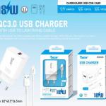 Carregador Rápido QC3.0 USB 18W com Cabo USB
