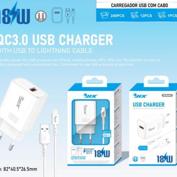 Carregador Rápido QC3.0 USB 18W com Cabo USB