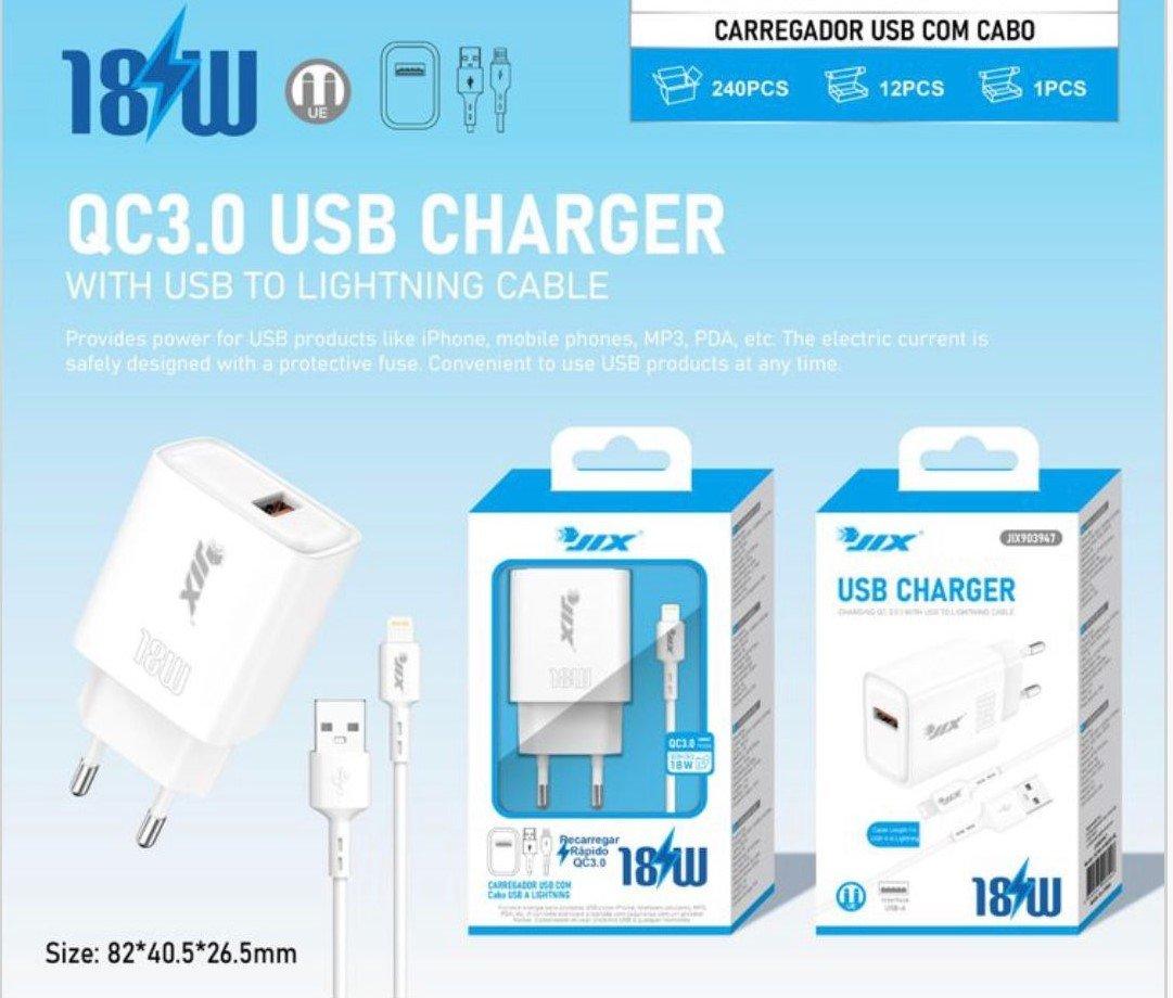 Carregador Rápido QC3.0 USB 18W com Cabo USB