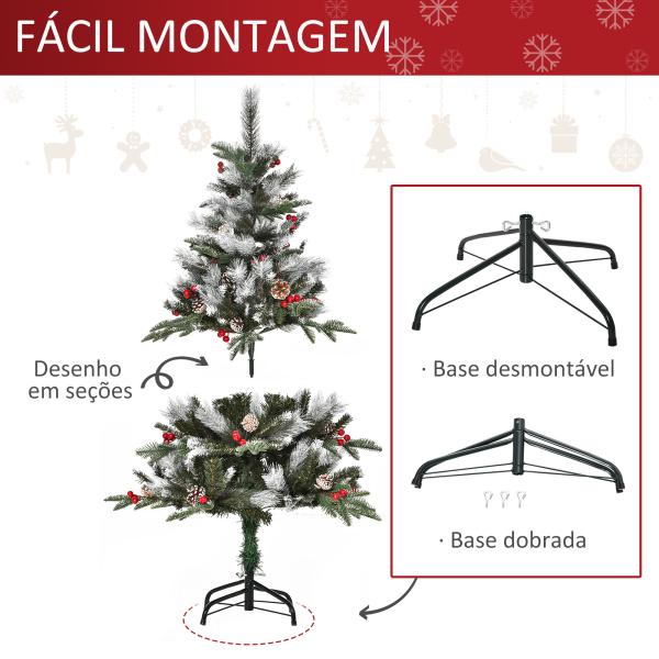 Árvore de Natal Artificial 120cm com 239 Ramas 27 Pinhas e 27 Frutinhas Folhas de PVC PE Base Dobrável e Suporte Metálico Decoração de Natal para Interiores Verde