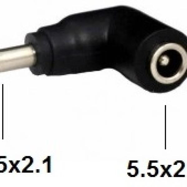 Ficha Adaptadora 90º DC 5,5 x 2,1 Macho - 5,5 x 2,5 Femea