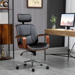Cadeira de Escritório Operativa de Couro PU com Apoio para a Cabeça Amovível Altura Ajustável 63x62x110 - 120cm Preto e Madeira
