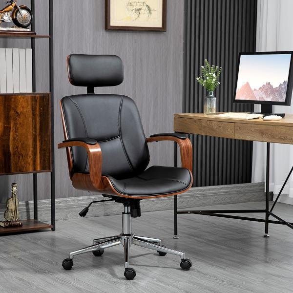 Cadeira de Escritório Operativa de Couro PU com Apoio para a Cabeça Amovível Altura Ajustável 63x62x110 - 120cm Preto e Madeira