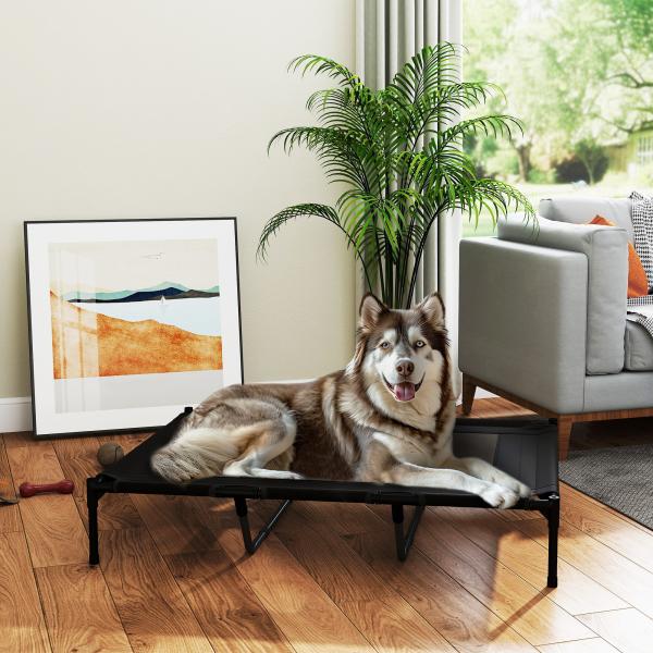 Cama Elevada para Cães com Tecido Transpirável para Dormir Relaxar Cama para Animais de Estimação 122x92x23 cm Preto