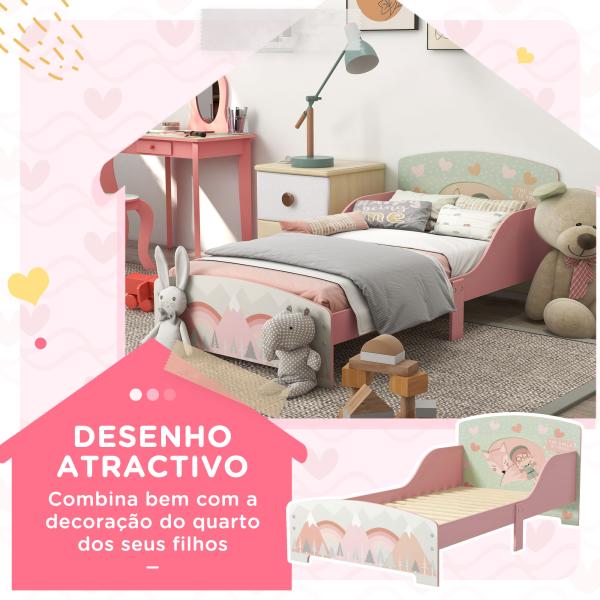 Cama para Crianças de Madeira com Barreira de Proteção e Estampados Carga Máx. 40 kg 143x77x60 cm Rosa