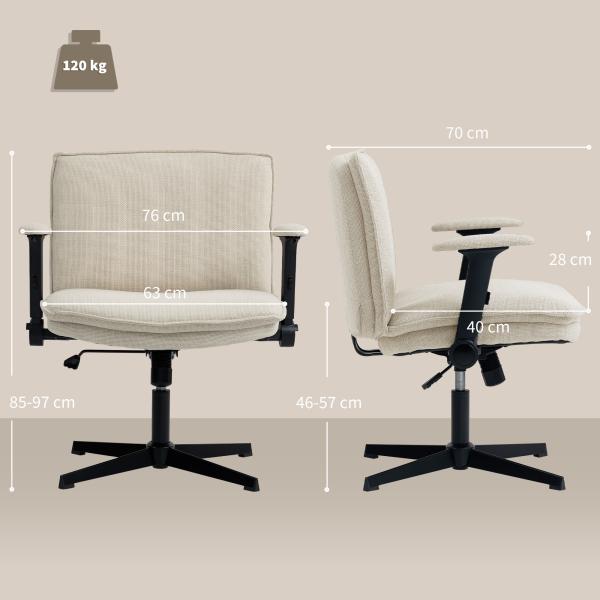 Cadeira de Escritório com Apoios de Braço Rebatíveis Assento Altura Ajustável Função Basculante 76x70x85 - 97 cm Creme