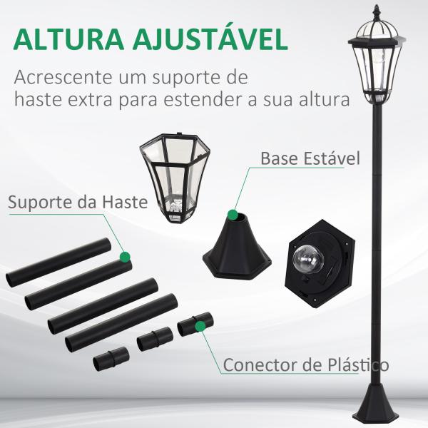 2 Candeeiros Solares de Jardim com 2 Luzes LED Branca Impermeável IP44 Ligação Automática Conjunto de 2 Candeeiros de Exterior para Caminho Terraço Pátio 18,5x18,5x129 cm Preto