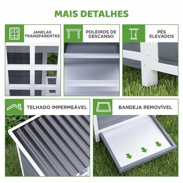 Galinheiro Exterior em Madeira 100x86x100 cm para 2 - 4 Galinhas com Ninho, Tabuleiro Amovível, Telhado Impermeável e Poleiros, Cinzento - Claro