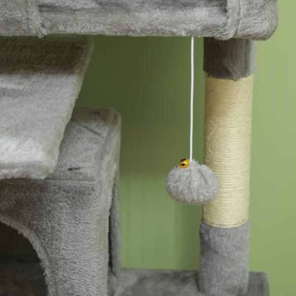 Arranhador para Gatos com Postes de Sisal Plataformas Cavernas Bolas Pendentes e Redes 49x49x138 cm Cinza Claro