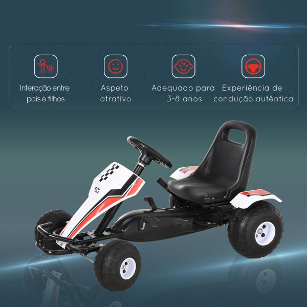 Go Kart a Pedais para Crianças acima de 3 Anos Carro de Pedais Infantil com Assento Ajustável e Freio de Mão 104x66x57cm Branco e Preto