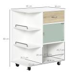 Carrinho de Cozinha com 1 Gaveta Porta de Vidro e Prateleiras Abertas Carrinho Auxiliar com Rodas 65x39x80cm Madeira