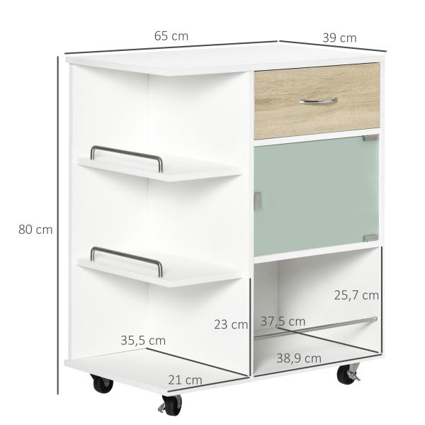 Carrinho de Cozinha com 1 Gaveta Porta de Vidro e Prateleiras Abertas Carrinho Auxiliar com Rodas 65x39x80cm Madeira