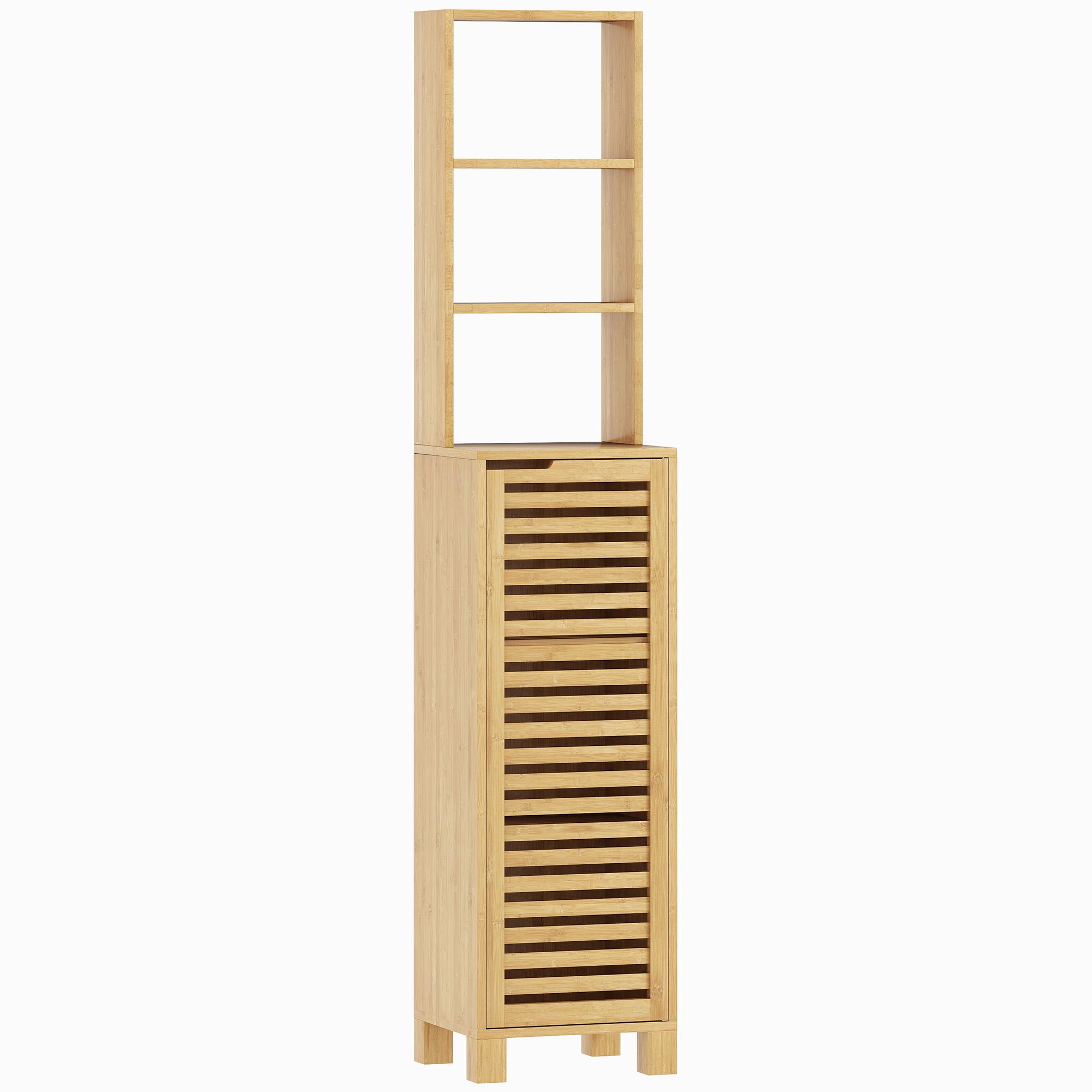 Coluna Casa de Banho de Bambu com 3 Prateleiras Abertas Portas de Ripas Prateleiras Ajustáveis 34x30x170 cm Madeira