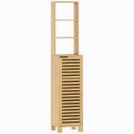 Coluna Casa de Banho de Bambu com 3 Prateleiras Abertas Portas de Ripas Prateleiras Ajustáveis 34x30x170 cm Madeira