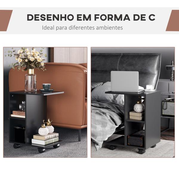 Mesa Auxiliar Moderna Mesa Auxiliar em Forma de C com Rodas e Prateleiras Abertas 45x35x58 cm Preto