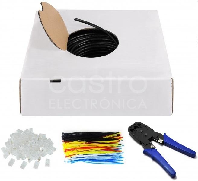 Bobine 100 mts Cabo UTP CAT6 c/ Acessórios (100 Fichas RJ45, Abraçadeiras Fivela e Alicate Cravar)