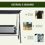 Baloiço de Jardim de 2 Lugares Baloiço com Teto Ajustável em Ângulo para Terraço Balcão Carga Máxima 200kg Aço 172x110x155cm Preto