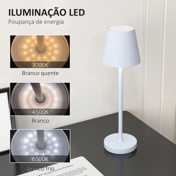 Candeeiro de Mesa com Luzes LED Candeeiro de Mesa Sem Fios Recarregável por USB - C 3 Cores Ø11,2x36,5 cm Branco