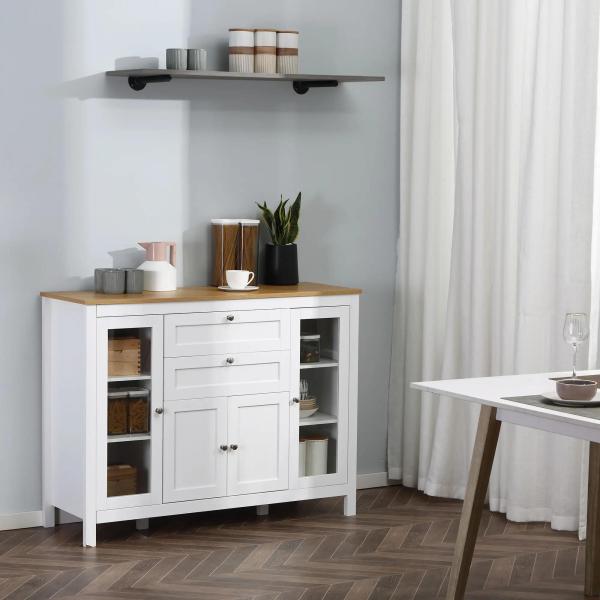 Aparador de Cozinha com Armário 2 Gavetas 2 Portas de Vidro e Prateleiras Ajustáveis Móvel Auxiliar de Armazenamento para Sala de Jantar Sala de Estar 120x40x90 cm Branco