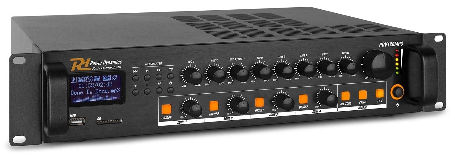 Amplificador Linha 100V 120W RMS c/ 4 Zonas MP3/USB/SD/FM/BLUETOOTH (PDV120MP3) - Power Dynamics