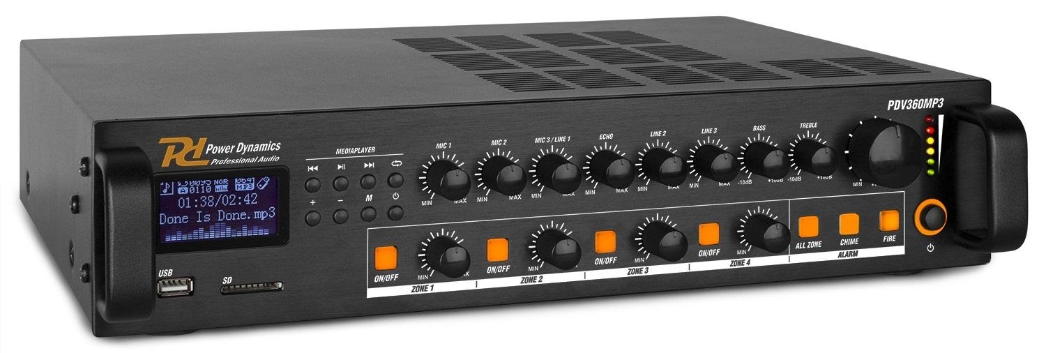 Amplificador Linha 100V 360W RMS c/ 4 Zonas MP3/USB/SD/FM/BLUETOOTH (PDV360MP3) - Power Dynamics