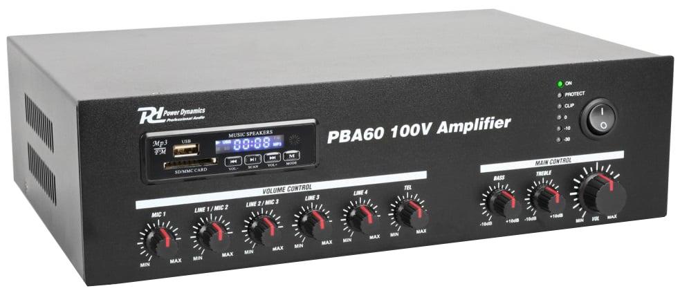 Amplificador PA 60W RMS (100V) com MP3 USB/SD/BLUETOOTH (PBA60) - Power Dynamics