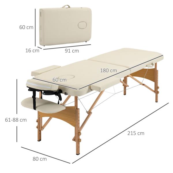 Marquesa de Massagem Dobrável Marquesa com Altura Ajustável 61 - 87 cm para Utilização Profissional 185x60 cm Creme
