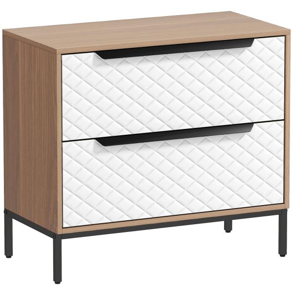 Cómoda com 2 Gavetas de Tecido Frentes com Padrão de Diamante Móvel de Arrumação 59,5x30x54 cm Madeira e Branco