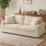 Sofá de 3 Lugares Moderno 212x80x88 cm Sofá Sala de Estar Estofado com 2 Almofadas Apoio de Braços e Estrutura de Aço Creme