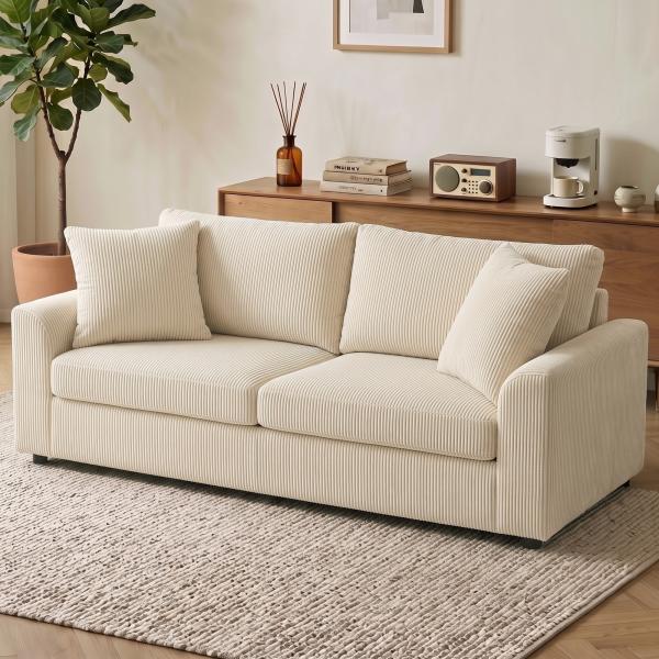 Sofá de 3 Lugares Moderno 212x80x88 cm Sofá Sala de Estar Estofado com 2 Almofadas Apoio de Braços e Estrutura de Aço Creme