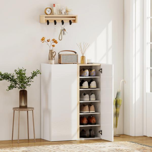 Sapateira de 6 Níveis com 2 Portas em Branco Brilhante com Fechamento Suave e Prateleiras Ajustáveis 70x33,5x95 cm Branco