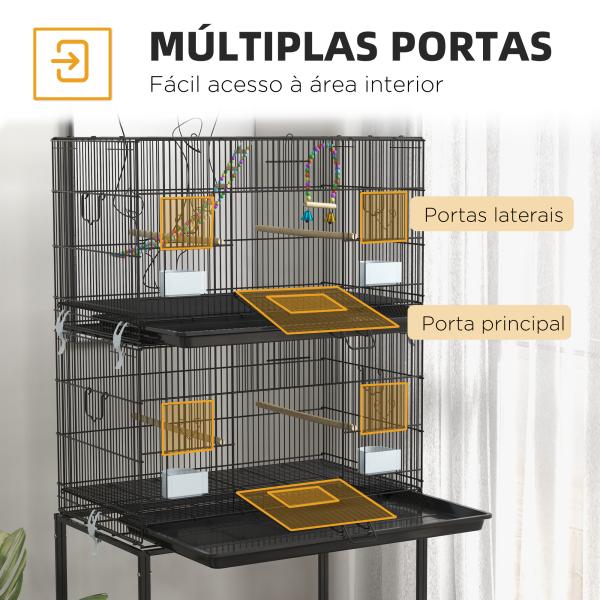 Gaiola Dupla e Empilhável para Pássaros 77x46x164 cm com Rodas Poleiros Bandeja Amovível Comedouros Baloiço e Escada Preto