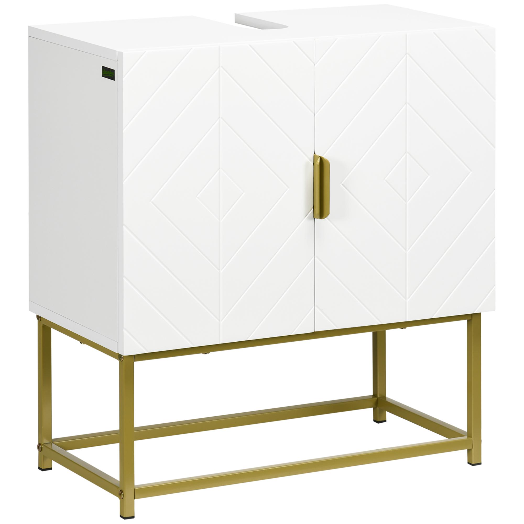 Móvel para Lavatório Pousar Moderno com 2 Portas e Pés de Aço 60x30x65 cm Branco e Dourado