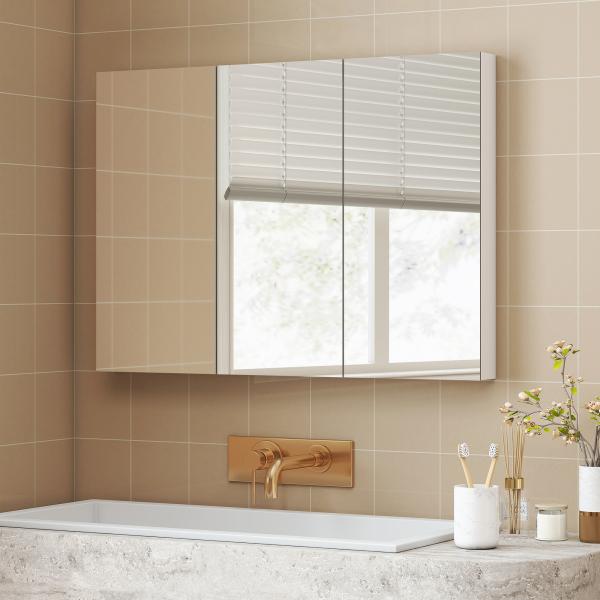 Armário de Casa de Banho com Espelho Armário de Parede Casa de Banho Suspenso com 3 Portas Prateleiras Ajustáveis 91,5x11,5x65 cm Branco
