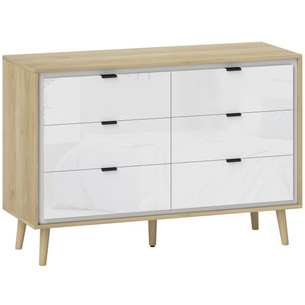 Cómoda 6 Gavetas Cómoda Quarto com Pernas de Madeira Estilo Moderno 110x40x75 cm Branco Brilhante e Carvalho