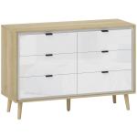 Cómoda 6 Gavetas Cómoda Quarto com Pernas de Madeira Estilo Moderno 110x40x75 cm Branco Brilhante e Carvalho