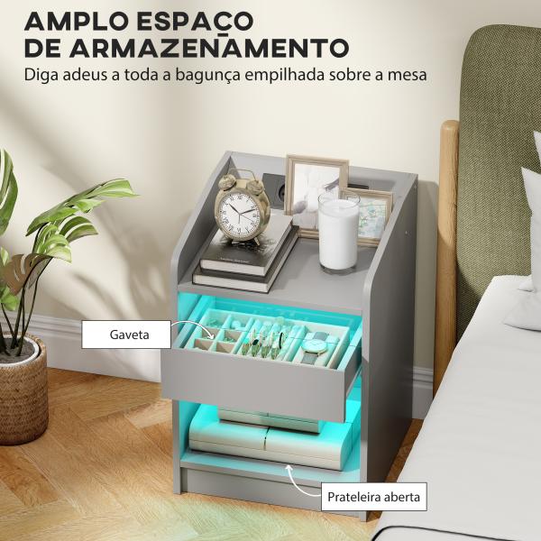 Mesa de Cabeceira com Luzes LED Gaveta Prateleira Estação de Carregamento Entrada USB e Controlo Remoto 40x40x58 cm Cinzento